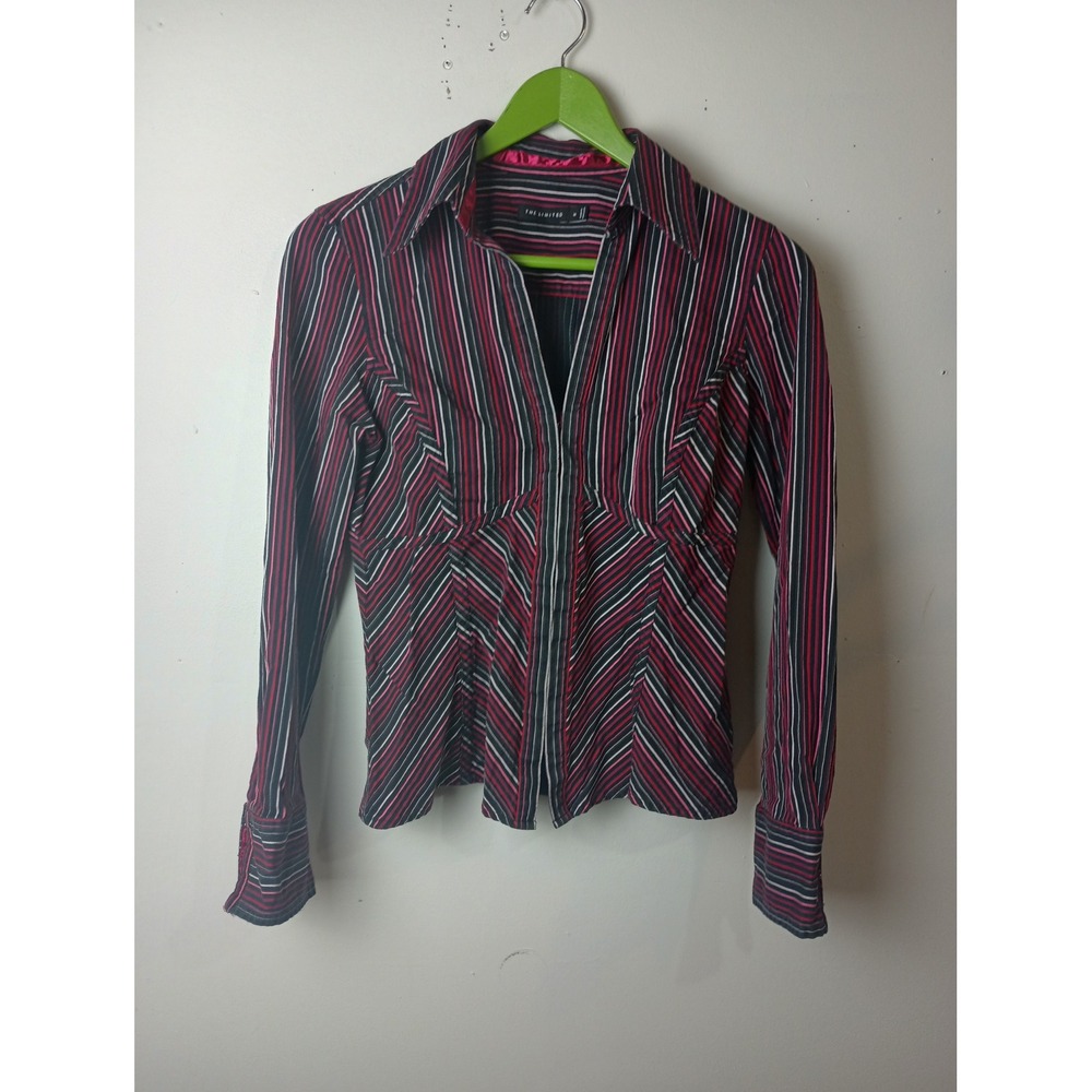 The Limited Vintage Y2K Striped Hook Eye Blouse Red Black Pink Long Sleeve M